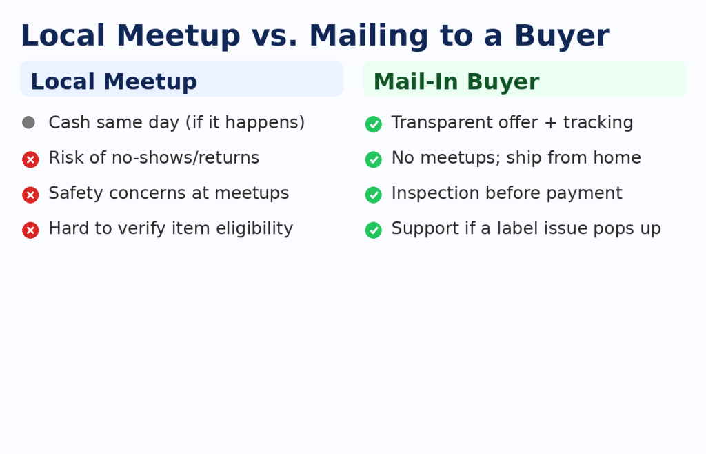 Comparison of local meetups vs. mailing to a buyer, with pros and cons