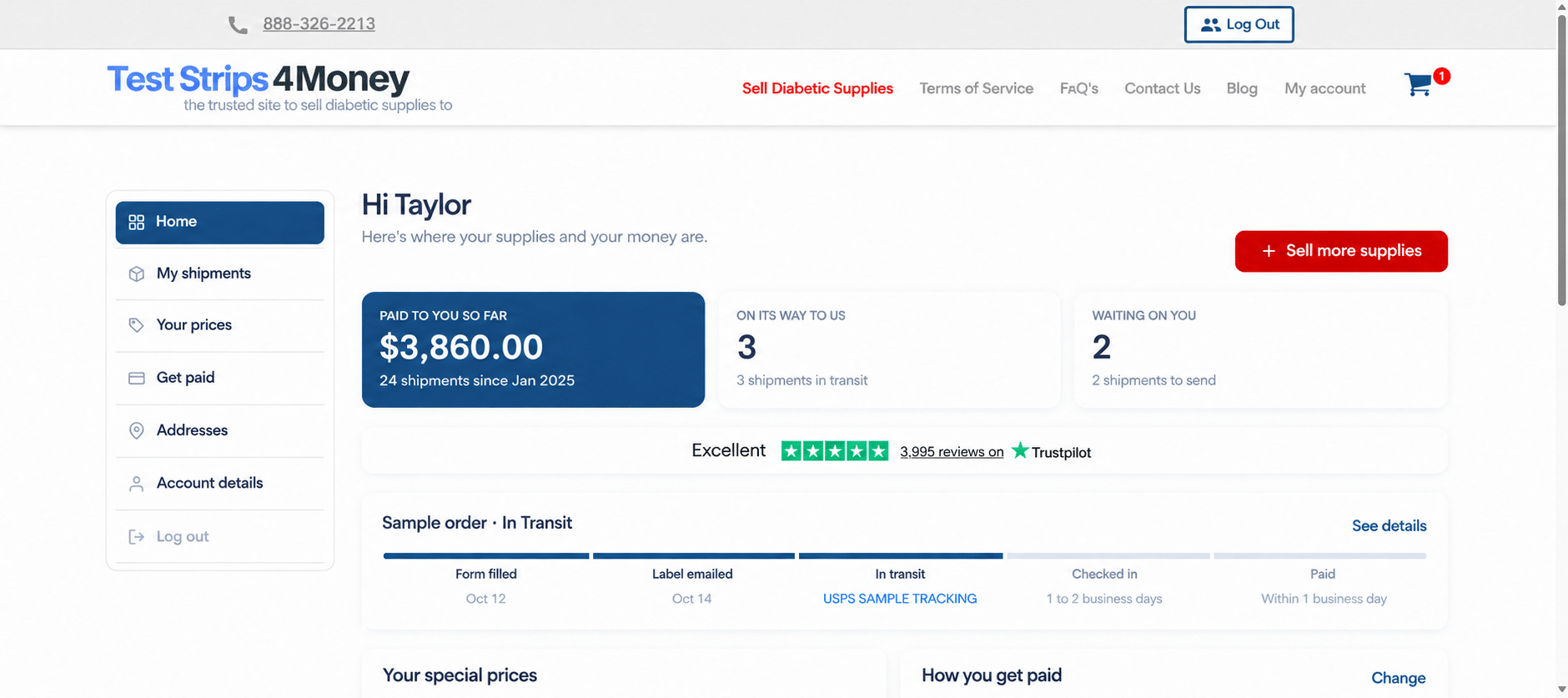 Sample Test Strips 4 Money account Home page showing a payment total, shipment status, and progress bar.