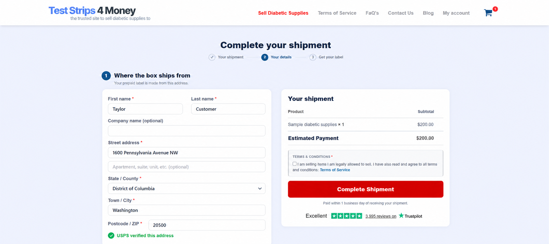 Sample checkout address with a green USPS verified confirmation.