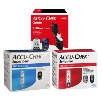 Accu-Chek Guide, SmartView, and Aviva Plus test-strip boxes.