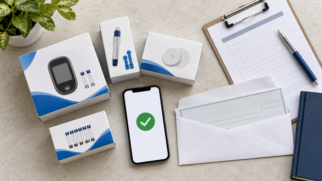 Sealed diabetic supplies beside a payment form, phone, and business check envelope