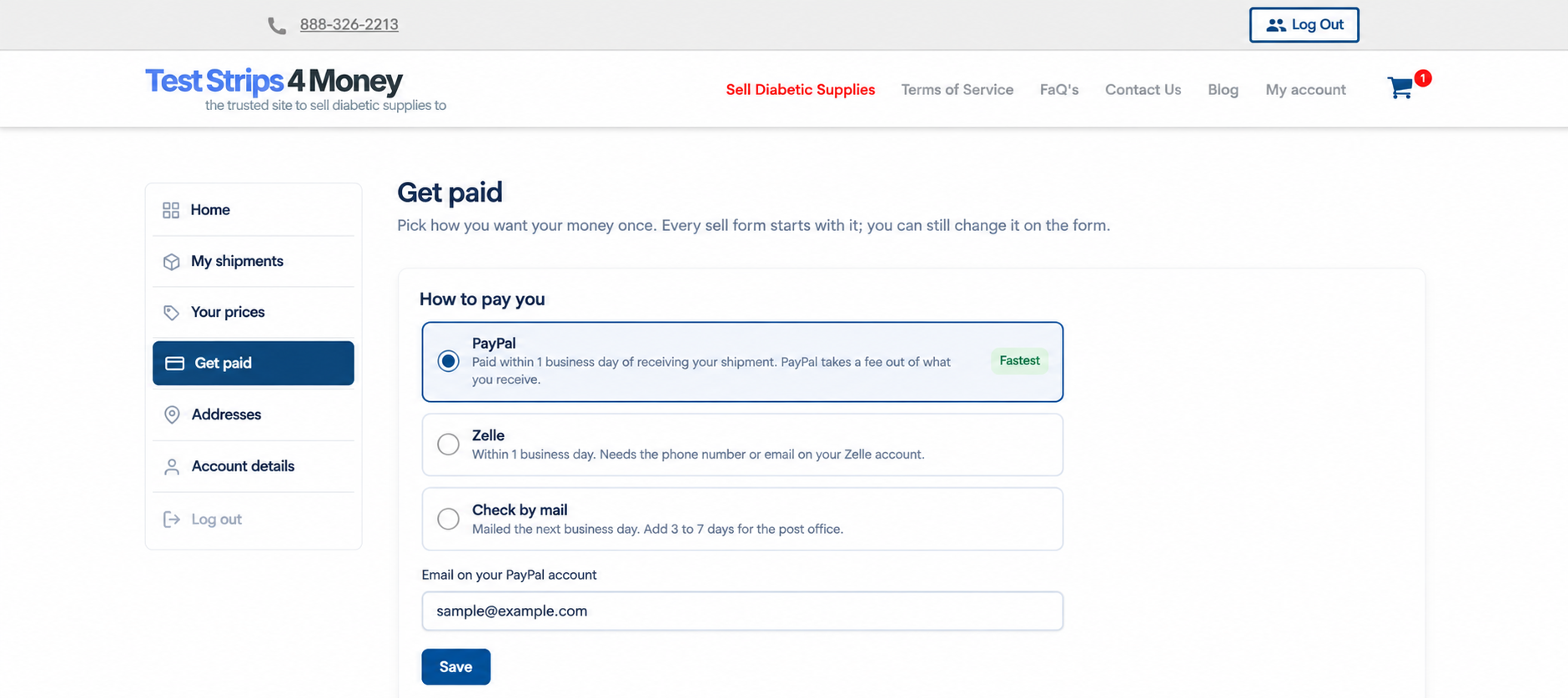 Get paid page showing PayPal, Zelle, and check choices with a sample PayPal email.