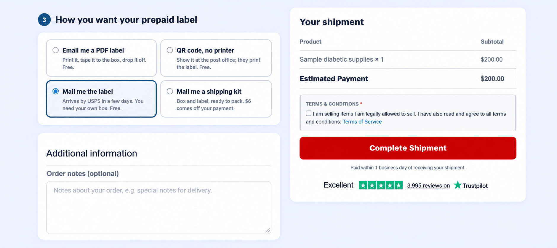 Four prepaid-label choices: email PDF, QR code, mailed label, or a $6 shipping kit.