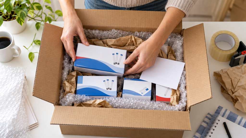 Sealed diabetic testing supplies cushioned inside a sturdy corrugated shipping box with a payment form
