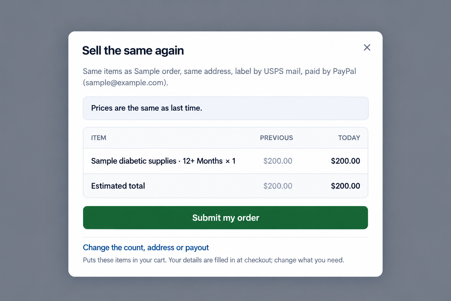 Sell the same again window comparing previous and current sample prices.