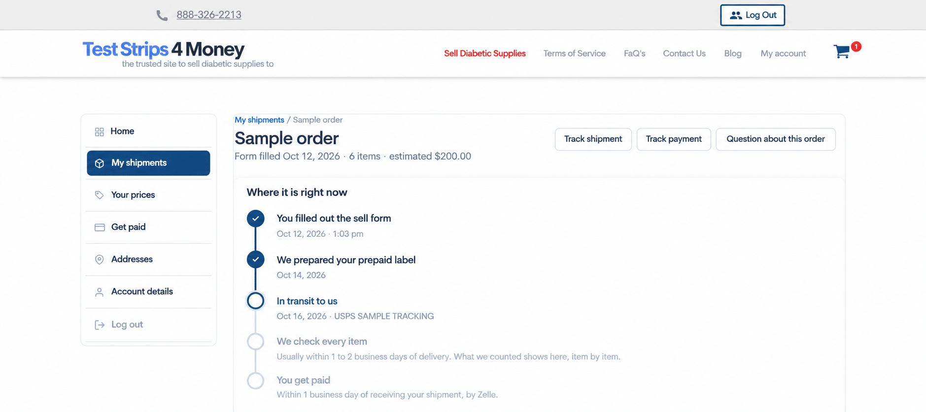 Sample order timeline showing form submitted, label prepared, shipment in transit, inspection, and payment steps.
